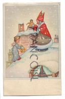 Saint Nicolas (mitre) Dépose Une Poupée Dans La Cheminée, Ange Et Lanterne - Santa Claus