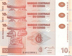 Congo Democratic Republic (BCC) 10 Francs 2003 UNC Cat No. P-93a / CD312a - 3 Pcs - República Democrática Del Congo & Zaire