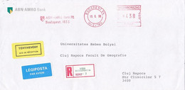 AMOUNT 438, BUDAPEST, BANK LOGO, RED MACHINE STAMPS ON REGISTERED COVER, 1998, HUNGARY - Lettres & Documents