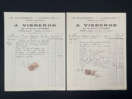 Lot De 2 Factures Anciennes Maçonnerie Carrelage J. VIGNERON LA PYRAMIDE TRELAZE ANGERS 1928 - 1900 – 1949