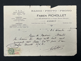 Facture Ancienne TSF Radio Photo Phono Fabien PICHOLLET Rue Royale Annecy 1933 - 1900 – 1949