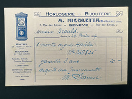 Facture Ancienne Horlogerie Bijouterie A. NICOLETTA 7 Rue Des Etuves GENEVE Suisse Montre Gousset Argent Havila 1934 - 1900 – 1949