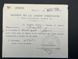 Ancienne Carte De Membre Société Légion D'Honneur 1930 - Tessere Associative