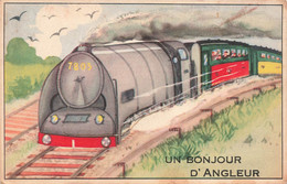 CPA Fantaisie - A Systeme - Un Bonjour D'angleur - Accordéon De Vues Qui Se Déplie - Train En Route - Dreh- Und Zugkarten