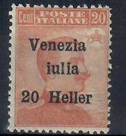 ITALIA 1919 - VENEZIA GIULIA TERRE REDENTE - 20 H. Su 20 C. ARANCIO - VARIETA' ERRORI DI COMPOSIZIONE - MNH/** - Venezia Giulia