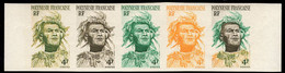 FRENCH POLYNESIA(1958) Man With Headdress. Trial Color Proof Margin Strip Of 5. Scott No 186, Yvert No 5. - Imperforates, Proofs & Errors