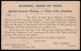 CANADA(1894) Trade And Commerce. Postal Card With Printed Announcement On Reverse For A Special Meeting-Bd Of Trade - 1860-1899 Regno Di Victoria