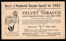 U.S.A.(1921) Pipe. Package Of Tobacco. Postal Card With Illustrated Ad For Velvet Tobacco. - 1921-40