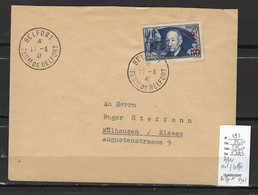France - Yvert 493 - Ader Surchargé - SEUL SUR LETTRE - Belfort -1941 - Briefe U. Dokumente