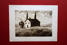 Disegno Originale Carboncino Veduta Di Campagna Abitazione Non Firmato - Dessins