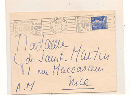 FRANCE 21-3-56 MARIANNE DE MULLER 20F. BLEU SUR ENVELOPPE  OBLITÉRATION MÉCANIQUE DE PARIS POUR NICE - 1955-1961 Marianne (Muller)