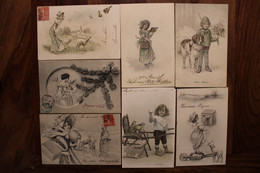 AK 1900's Lot De 7 CPA Enfants Animaux Femme Illustrateur Litho - Andere & Zonder Classificatie