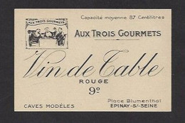 Etiquette De Vin De Table  -  Restaurant Aux Trois Gourmets  Place Blumenthal à Epinay Sur Seine  (94) - Sonstige & Ohne Zuordnung