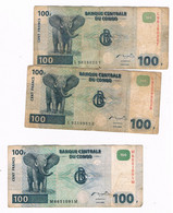 3 Billets 100 Frcs - Banque Centrale Du Congo - República Democrática Del Congo & Zaire