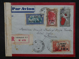 B I 10  MADAGASCAR  BELLE LETTRE CENSUREE RR 1943 PAR AVION TANANARIVE A  ST DENIS LA REUNION ++AFFRANCH. INTERESSANT++ - Airmail