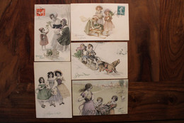 AK 1900's Lot De 5 CPA Enfants Animaux Joyeux Noël Heureuse Année Illustrateur M M VIENNE Litho - Vienne