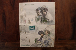 AK 1900's Lot De 2 CPA Femmes élégantes Joyeux Noël Heureuse Année Illustrateur V K VIENNE Litho - Vienne