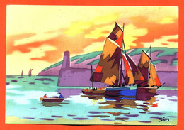 CPSM GF Illustrateur SIM Peinte Main ? En Relief " Bateaux Voiliers Sur L'eau " - Sim