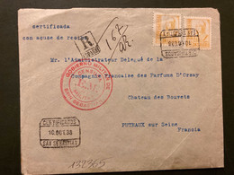 LR Pour La FRANCE TP 60c X2 OBL.10 OCT 38 SAN SEBASTIAN + CENSURE SAN SEBASTIAN + VIVA ESPANA + CERTIFICADO IRUN - Bolli Di Censura Nazionalista