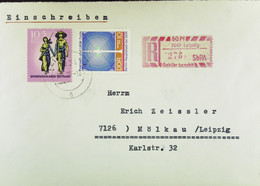 DDR: R-Fern-Bf Mit Selbstbed.-R-Zettel 50 Pf 7049 Leipzig (276 Z) -mit Einliefgsschein 8.1.70 Mit 10 Pf Vietnam, FS-Turm - Etiquettes De Recommandé