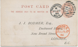 GB 1886 QV ½d Pink Embossed Stamp Superb Used Stamped To Order Postcard Without Coat Of Arms W Duplex Postmark „NEWPORT - Postwaardestukken