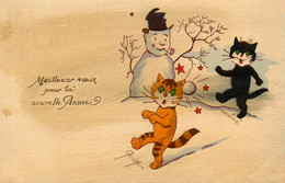 Chats Humanisés * CPA Illustrateur * Bonhomme De Neige Et Bataille De Boules * Snowman * Chat Cat Cats Katze Humanisé - Cats