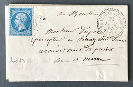 France N°22 Sur Lettre TAD Perlé Montigny-Lencoup (73) 24.2.1864 + GC 2476 - Ind.12 - (N258) - 1849-1876: Periodo Clásico