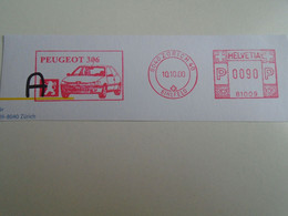 D191888  Switzerland  Suisse  Peugeot 306  ZÜRICH 10.10.00.  -0090R -RED METER  FREISTEMPEL  EMA - Frankeermachinen