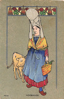 CPA Illustration Non Signée - Allegorie De La Normandie - Femme Avec Coiffe Et Veau à Ses Cotés - Non Classés