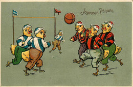 Joyeuses Pâques * CPA Illustrateur Gaufrée Embossed * Poussins Joueurs De Foot * Football Sport * Coq Poule - Pasen