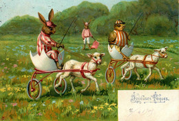 Lapins Humanisés * CPA Illustrateur * Joyeuses Pâques * PÂQUES * Lapin Rabbit Rabbits Attelage Jockey Mouton Oeufs - Easter