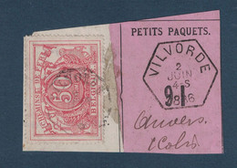 FRAGMENT Avec ETIQUETTE PETITS PAQUETS TIMBRE CHEMINS DE FER CACHET VILVORDE > ANVERS 1886 - Documenti & Frammenti