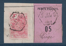 FRAGMENT Avec ETIQUETTE PETITS PAQUETS TIMBRE CHEMINS DE FER CACHET GHISTELIES > LIEGE 1887 - Documenten & Fragmenten