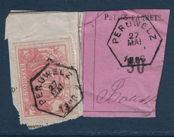 FRAGMENT Avec ETIQUETTE PETITS PAQUETS TIMBRE CHEMINS DE FER CACHET PERUWELZ > BRUXELLES ? 1886 - Documenti & Frammenti