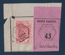 FRAGMENT Avec ETIQUETTE PETITS PAQUETS TIMBRE CHEMINS DE FER CACHET PERWEZ 1887 - Documentos & Fragmentos