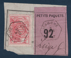 FRAGMENT Avec ETIQUETTE PETITS PAQUETS TIMBRE CHEMINS DE FER CACHET MARCHE > LIEGE 1887 - Documenten & Fragmenten