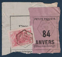 FRAGMENT Avec ETIQUETTE PETITS PAQUETS TIMBRE CHEMINS DE FER CACHET BRUXELLES ST JOSSE TEN NOODE > ANVERS 1886 - Documents & Fragments