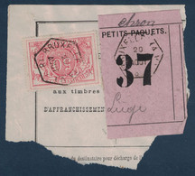 FRAGMENT Avec ETIQUETTE PETITS PAQUETS TIMBRE CHEMINS DE FER CACHET BRUXELLES (A.V.) > LIEGE 1889 ? - Documenten & Fragmenten