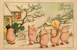 Cochons * CPA Illustrateur * La Fanfare Et Le Chef D'orchestre * Pig Cochon * Trèfle Porte Bonheur - Varkens