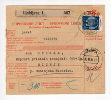 1938. KINGDOM OF YUGOSLAVIA,SLOVENIA,LJUBLJANA,PARCEL CARD,POSTAGE DUE AT BOHINJSKA BISTRICA - Segnatasse