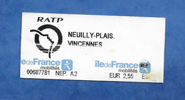 Titre De Transport Ticket Region Parisienne RER - Trajet Unique Neuilly Plaisance Vincennes - Europa