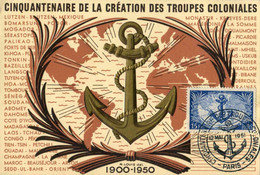 TIMBRE De 1951 Oblitéré Sur CP "CINQUANTENAIRE DE LA CREATION DES TROUPES COLONIALES" - Gebruikt