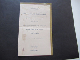 Argentinien / Frankreich Banquet A Tucuman Hotel Paris 10.10.1915 Ministre De France Mr. H. Jullemier - Menú