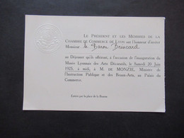 Frankreich 1925 Originale Geprägte Einladungskarte Chambre De Commerce De Lyon Dejeuner Musée Lyonnais Des Arts Decorati - Tickets - Entradas