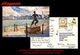 ASIA. CHINA. ENTEROS POSTALES. TARJETA POSTAL CIRCULADA 2017. MACAO. CHINA-CIENFUEGOS. CUBA. ARTE. BRUCE LEE - Brieven En Documenten