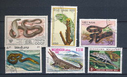 6 Timbres Oblitérés URSS Kampuchea (Cambodge) Viet Nam Laos Nicaragua Madagascar  Serpent Caméléon Crocodile - Non Classificati