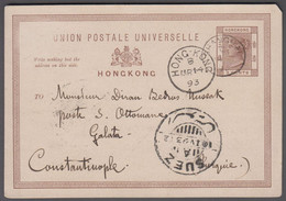 1893. HONG KONG. VICTORIA 3 CENTS UNION POSTALE UNIVERSELLE POSTCARD. To Galata, Constantinople, Turque Wr... - JF412615 - Ganzsachen