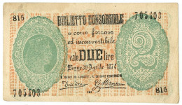 2 LIRE FALSO D'EPOCA BIGLIETTO CONSORZIALE REGNO D'ITALIA 30/04/1874 BB/SPL - [ 8] Vals En Specimen