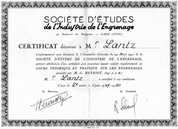 CERTIFICAT De La SOCIETE D' ETUDES De L' INDUSTRIE De L' ENGRENAGE - Boulevard Des Batignolles Paris 17éme - Diploma & School Reports