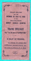 BILLET DE TRAIN SPECIAL POUR L'EXPOSITION DE PARIS 1937 - Europe